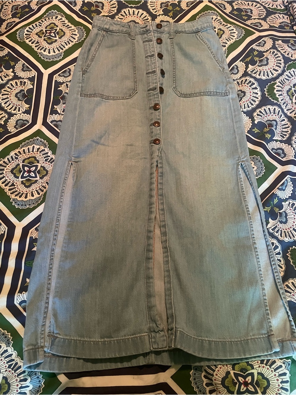 American Eagle Outfitters Light Wash Denim Button-Front Maxi Skirt